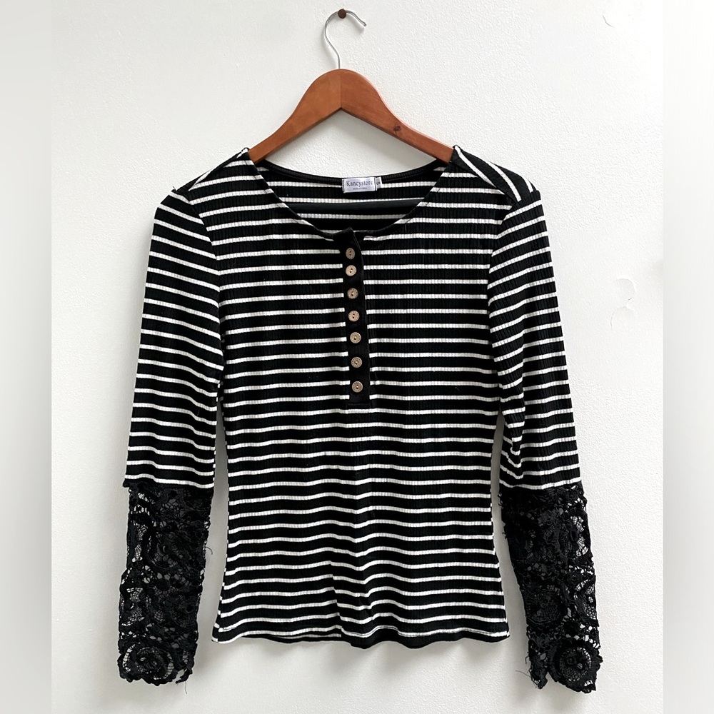 Striped Henley Top with Lace Sleeves